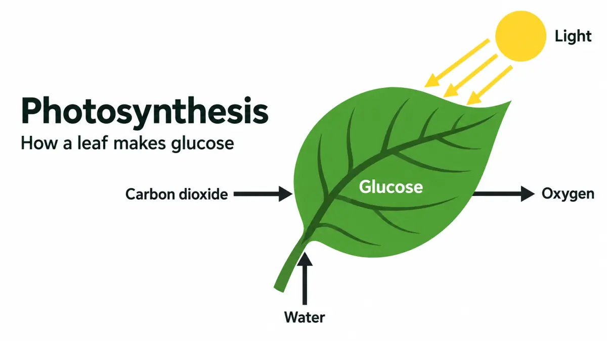 A white 16:9 lesson slide titled Photosynthesis, How a leaf makes glucose: a green leaf with Glucose on it, sunlight, carbon dioxide and water arrows going in and an oxygen arrow coming out