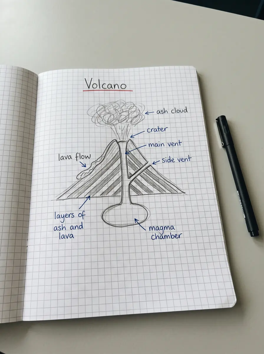 A generated phone photo of a squared exercise book on a grey desk: a pencil and biro volcano cross-section titled Volcano, underlined in red, with seven handwritten labels from ash cloud to magma chamber and a black pen beside it