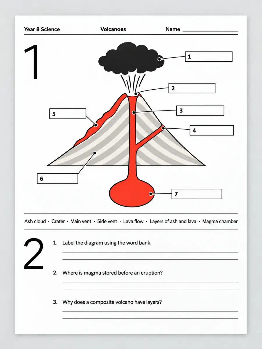 A Year 8 Science volcano worksheet on white A4: a large numeral 1 beside the volcano diagram with seven numbered empty label boxes, a word bank, and a numeral 2 beside three questions with writing lines