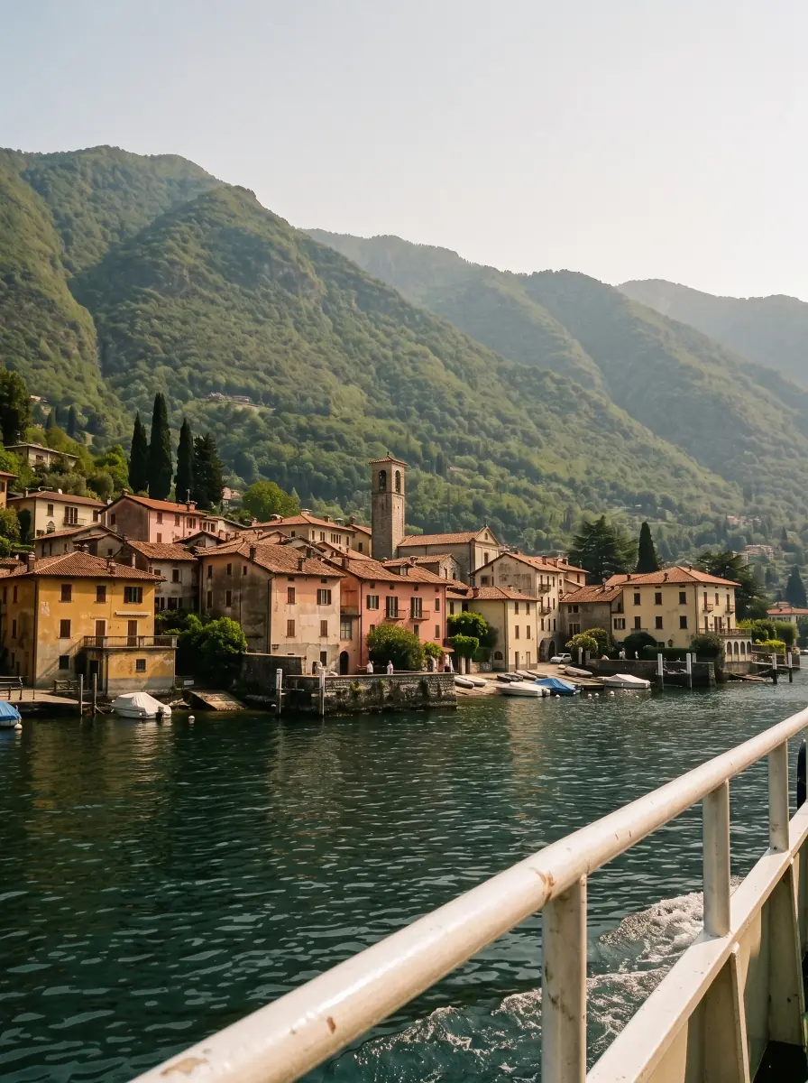 The same lake town edited by AI to warmer light on the houses, the bell tower and the green water, the ferry rail unchanged