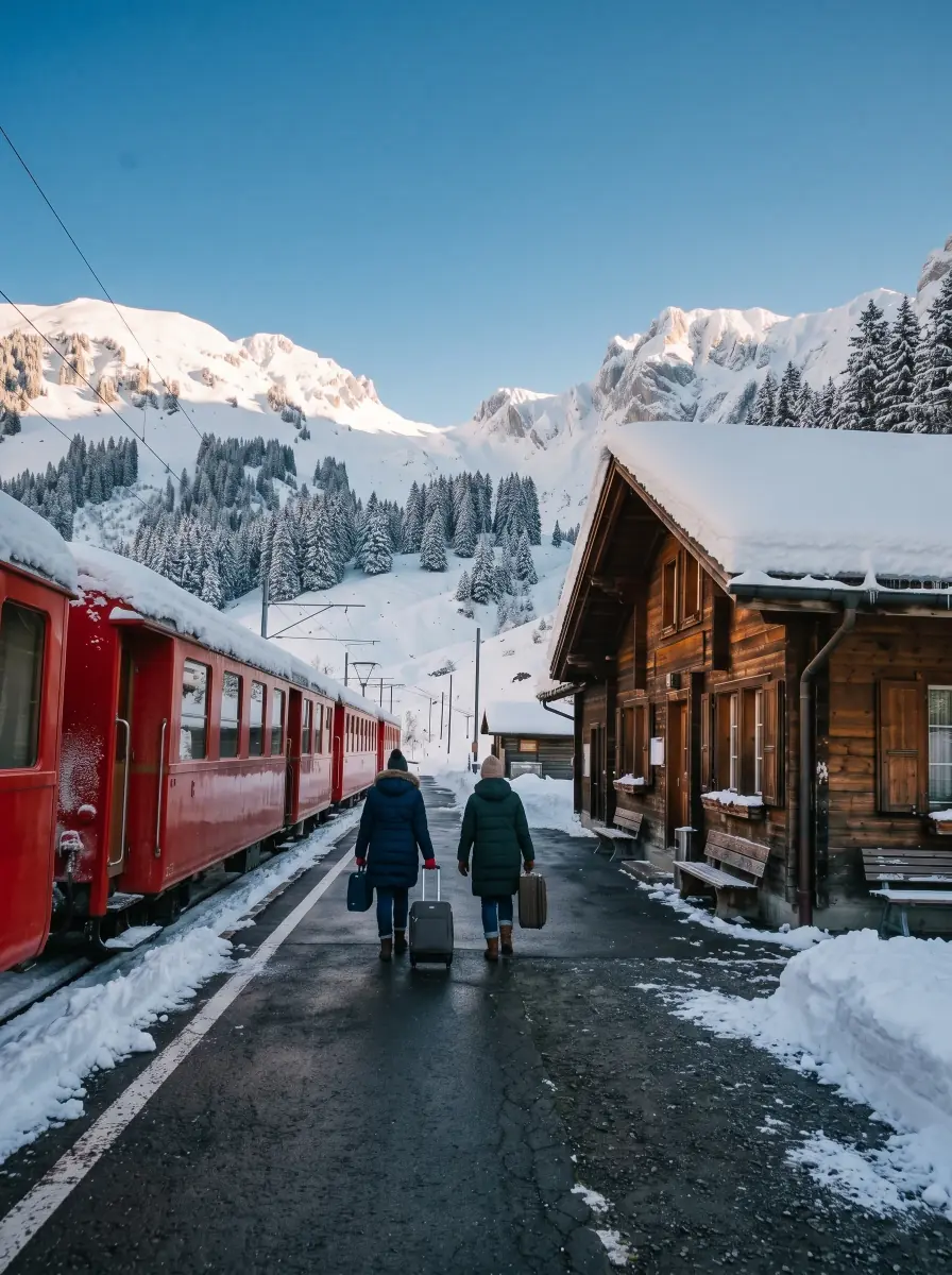 The same mountain station turned to deep winter by AI: snow on the roofs, the slopes and the red train, two travelers in winter coats pulling small suitcases along the cleared platform under a deep blue sky