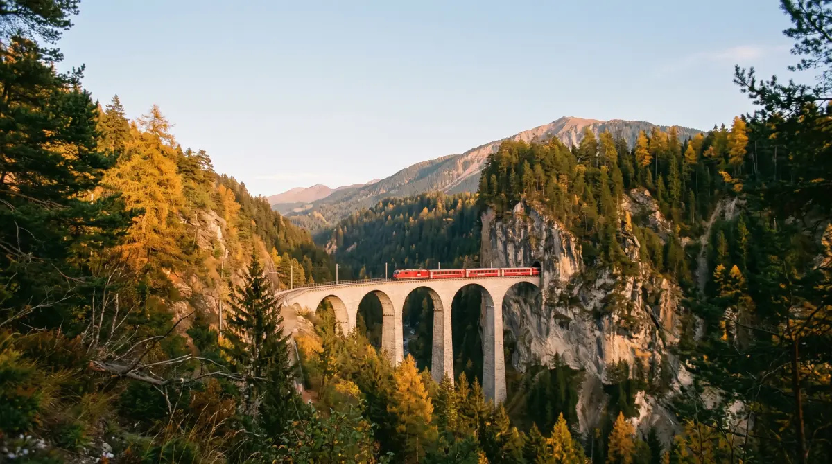 A generated photo of a small red train crossing a curved stone viaduct into a tunnel in a cliff, golden larches and dark spruce on the slopes and open pale sky above