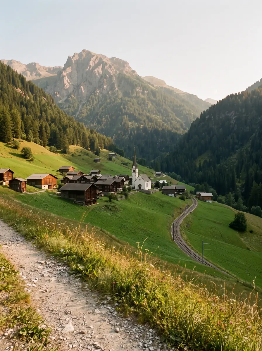 The same Alpine village edited by AI to golden side light on the grass, the chalets and the church under a clean pale sky