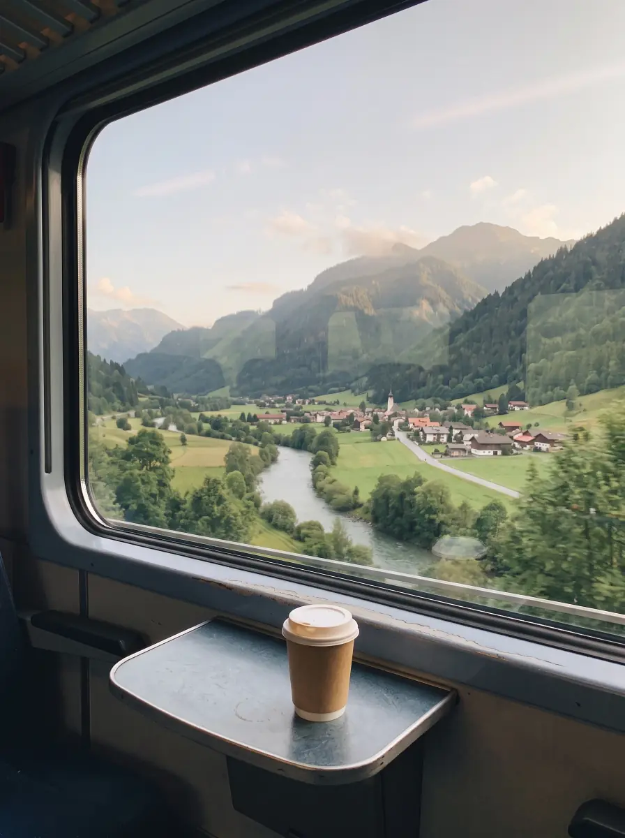 The same train window view edited by AI to a clear evening sky with warm light on the valley, the river and the village, the cup and table unchanged