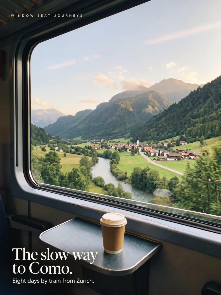 A feed post made by AI from the edited window view: the wordmark WINDOW SEAT JOURNEYS at the top left and the serif headline The slow way to Como. with the line Eight days by train from Zurich. at the bottom left