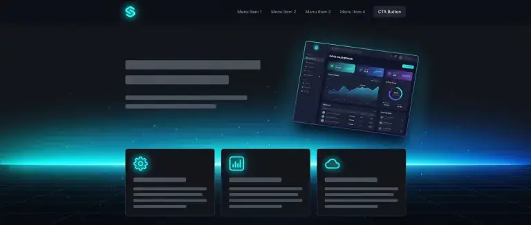 A dark landing page with a dashboard screen over a glowing teal horizon