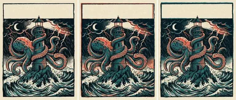 Three prints of an octopus wrapped around a lighthouse in a storm
