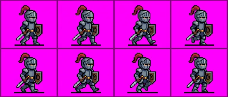 A pixel art sprite sheet of a knight walking, on a magenta background