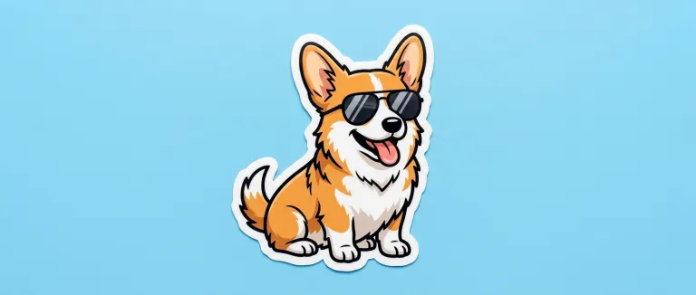A sticker of a corgi in sunglasses on a light blue background