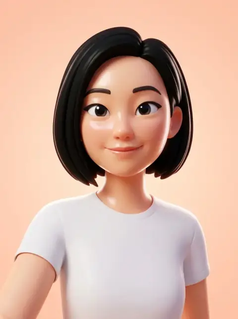 A glossy 3D avatar of a woman with a black bob and a white t-shirt against a peach background