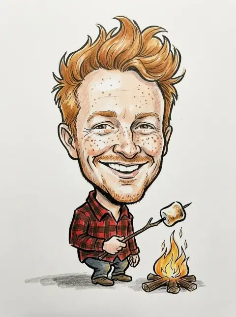A watercolor caricature of a freckled man with big ginger hair in a flannel shirt roasting a marshmallow over a campfire