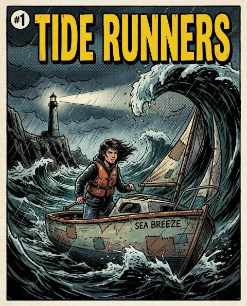 A comic book cover titled TIDE RUNNERS #1: a girl in an orange life jacket steers a patched sailboat through a storm, a huge wave curling over her and a lighthouse beam behind