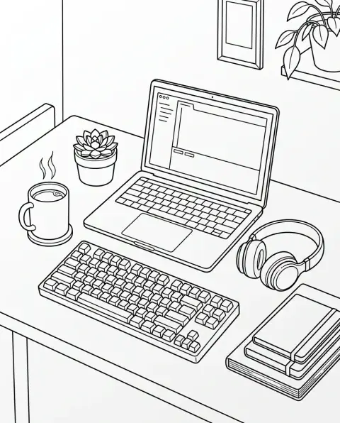 A black line drawing of a desk on white: an open laptop, a mechanical keyboard, a steaming mug on a coaster, a succulent in a pot, headphones and a stack of notebooks, with a framed picture and a hanging plant on the wall