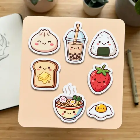 Seven kawaii food stickers with smiling faces on a peach backing sheet: a dumpling, a bubble tea, an onigiri, buttered toast, a strawberry, a ramen bowl and a fried egg, each with a white die-cut border