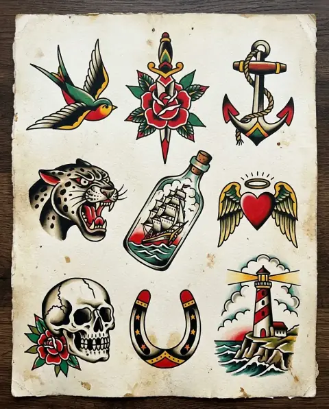 A traditional tattoo flash sheet on stained paper with nine designs in red, yellow, green and black: a swallow, a dagger through a rose, an anchor with rope, a roaring leopard head, a ship in a bottle, a winged heart with a halo, a skull with a rose, a horseshoe and a lighthouse