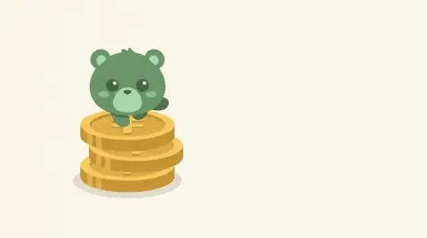 A generated 16:9 link preview image: the green creature stands on a stack of three gold coins left of center, calm off-white space on the right