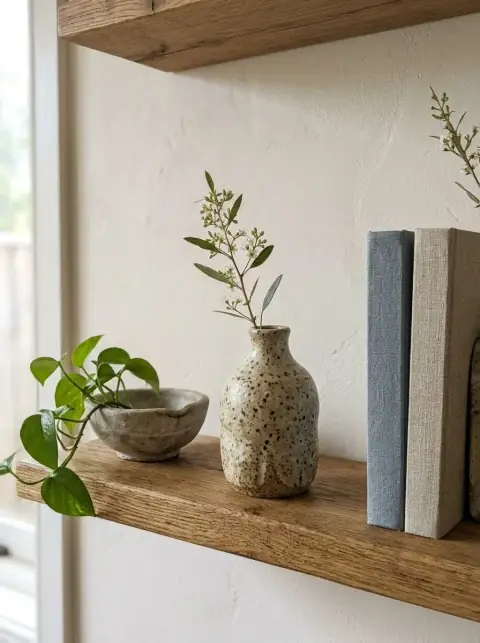 The same speckled vase placed by AI on an oak shelf with linen-bound books, a stone bowl and a trailing plant