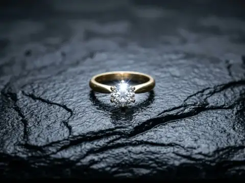 The same gold solitaire as a macro on wet dark slate, six prongs around a bright round stone, one cold light from above